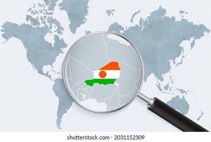 World map with a magnifying glass pointing at Niger. Map of Niger with the flag in the loop. Vector illustration.
