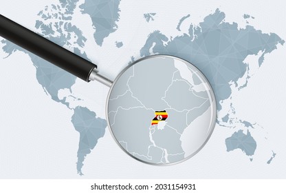 Mapa del mundo con una lupa apuntando a Uganda. Mapa de Uganda con la bandera en el bucle. Ilustración vectorial.