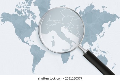 World map with a magnifying glass pointing at San Marino. Map of San Marino with the flag in the loop. Vector illustration.