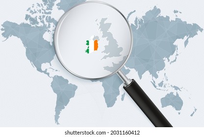 World map with a magnifying glass pointing at Ireland. Map of Ireland with the flag in the loop. Vector illustration.