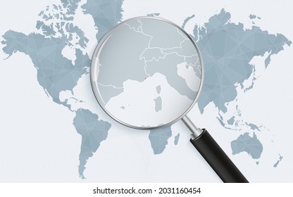 World map with a magnifying glass pointing at Monaco. Map of Monaco with the flag in the loop. Vector illustration.