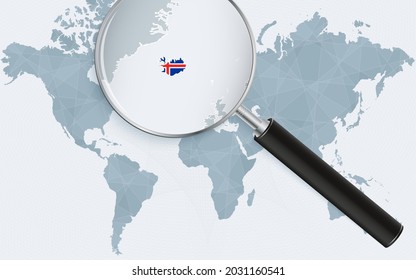 Mapa del mundo con una lupa apuntando a Islandia. Mapa de Islandia con la bandera en el bucle. Ilustración vectorial.