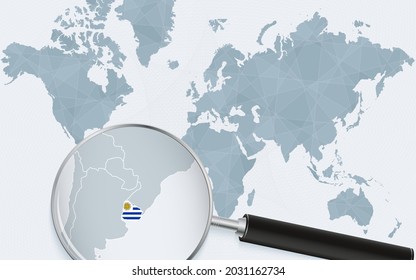 World map with a magnifying glass pointing at Uruguay. Map of Uruguay with the flag in the loop. Vector illustration.