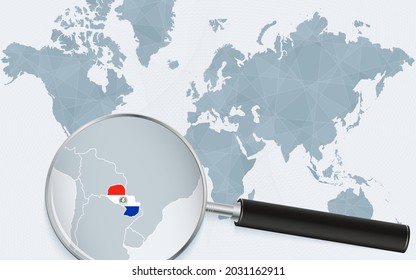 World map with a magnifying glass pointing at Paraguay. Map of Paraguay with the flag in the loop. Vector illustration.