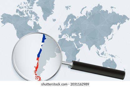 World map with a magnifying glass pointing at Chile. Map of Chile with the flag in the loop. Vector illustration.
