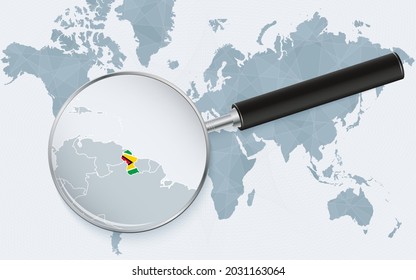 World map with a magnifying glass pointing at Guyana. Map of Guyana with the flag in the loop. Vector illustration.