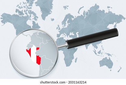 World map with a magnifying glass pointing at Peru. Map of Peru with the flag in the loop. Vector illustration.