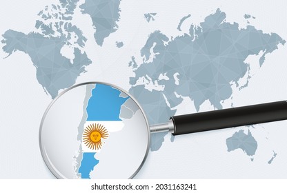 World map with a magnifying glass pointing at Argentina. Map of Argentina with the flag in the loop. Vector illustration.