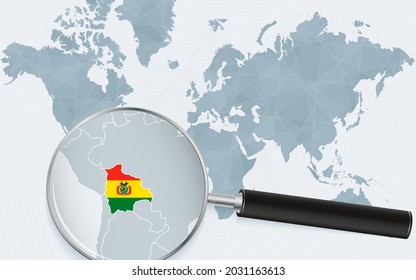 World map with a magnifying glass pointing at Bolivia. Map of Bolivia with the flag in the loop. Vector illustration.