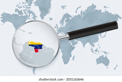 World map with a magnifying glass pointing at Venezuela. Map of Venezuela with the flag in the loop. Vector illustration.