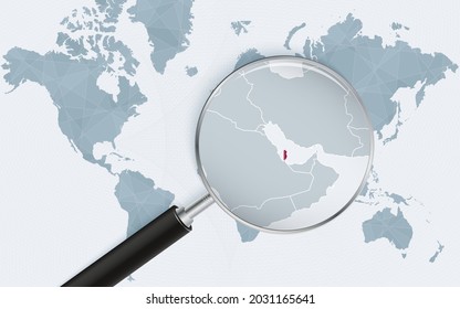 World map with a magnifying glass pointing at Qatar. Map of Qatar with the flag in the loop. Vector illustration.