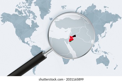 Mapa del mundo con una lupa apuntando a Jordania. Mapa de Jordania con la bandera en el bucle. Ilustración vectorial.
