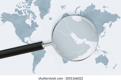 Mapa del mundo con una lupa apuntando a Bahréin. Mapa de Bahréin con la bandera en el bucle. Ilustración vectorial.