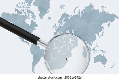 World map with a magnifying glass pointing at Swaziland. Map of Swaziland with the flag in the loop. Vector illustration.