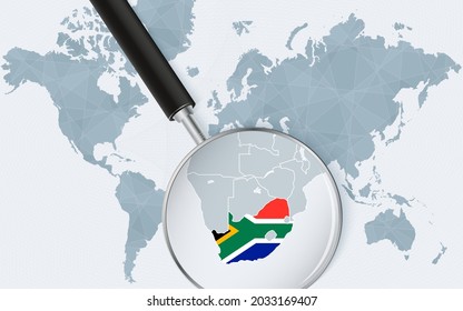 World map with a magnifying glass pointing at South Africa. Map of South Africa with the flag in the loop. Vector illustration.