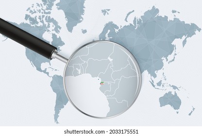 World map with a magnifying glass pointing at Equatorial Guinea. Map of Equatorial Guinea with the flag in the loop. Vector illustration.