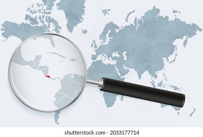 Mapa mundial con lupa apuntando a Costa Rica. Mapa de Costa Rica con la bandera en el bucle. Ilustración vectorial.