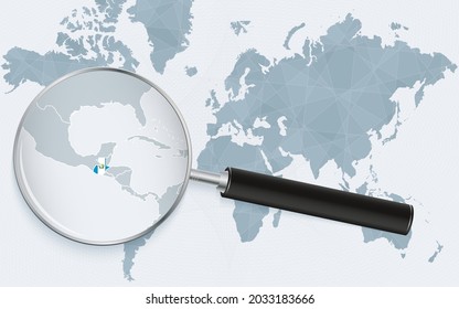 World map with a magnifying glass pointing at Guatemala. Map of Guatemala with the flag in the loop. Vector illustration.
