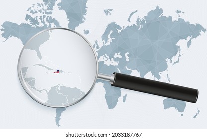 World map with a magnifying glass pointing at Haiti. Map of Haiti with the flag in the loop. Vector illustration.