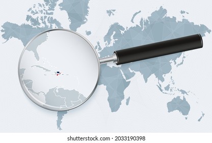 World map with a magnifying glass pointing at Dominican Republic. Map of Dominican Republic with the flag in the loop. Vector illustration.