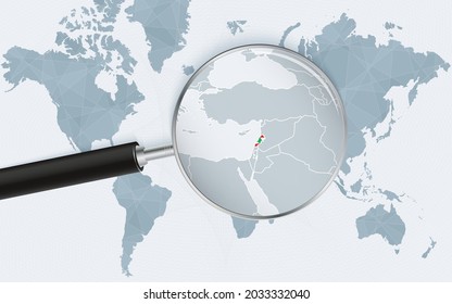 Mapa mundial con una lupa apuntando al Líbano. Mapa del Líbano con la bandera en el bucle. Ilustración vectorial.