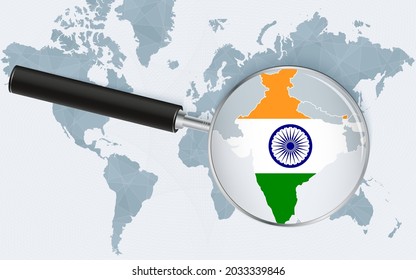 World map with a magnifying glass pointing at India. Map of India with the flag in the loop. Vector illustration.