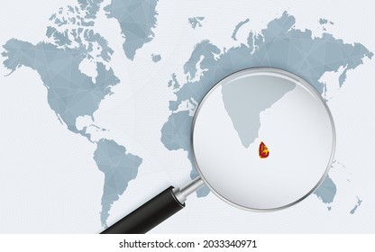 World map with a magnifying glass pointing at Sri Lanka. Map of Sri Lanka with the flag in the loop. Vector illustration.