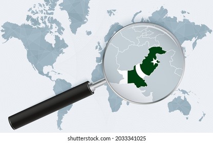 World map with a magnifying glass pointing at Pakistan. Map of Pakistan with the flag in the loop. Vector illustration.