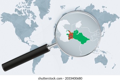 World map with a magnifying glass pointing at Turkmenistan. Map of Turkmenistan with the flag in the loop. Vector illustration.