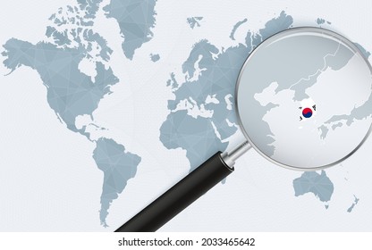 World map with a magnifying glass pointing at South Korea. Map of South Korea with the flag in the loop. Vector illustration.