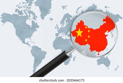 World map with a magnifying glass pointing at China. Map of China with the flag in the loop. Vector illustration.
