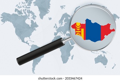 Weltkarte mit Lupe, die auf die Mongolei zeigt. Karte der Mongolei mit der Flagge in der Schleife. Vektorgrafik.