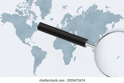 World map with a magnifying glass pointing at Fiji. Map of Fiji with the flag in the loop. Vector illustration.
