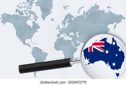 Mapa mundial con una lupa que apunta a Australia. Mapa de Australia con la bandera en el bucle. Ilustración vectorial.