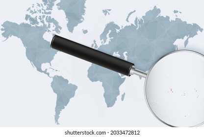World map with a magnifying glass pointing at Kiribati. Map of Kiribati with the flag in the loop. Vector illustration.