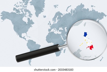 World map with a magnifying glass pointing at Philippines. Map of Philippines with the flag in the loop. Vector illustration.