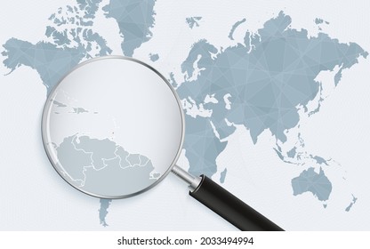 World map with a magnifying glass pointing at Grenada. Map of Grenada with the flag in the loop. Vector illustration.