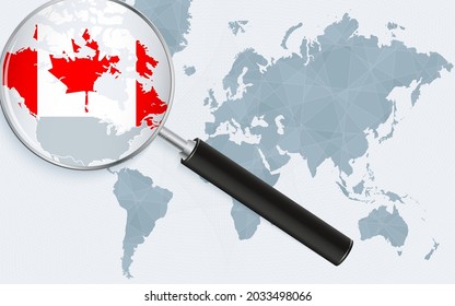 World map with a magnifying glass pointing at Canada. Map of Canada with the flag in the loop. Vector illustration.