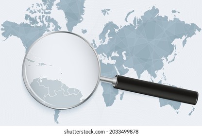 World map with a magnifying glass pointing at Saint Lucia. Map of Saint Lucia with the flag in the loop. Vector illustration.
