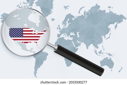 World map with a magnifying glass pointing at USA. Map of USA with the flag in the loop. Vector illustration.