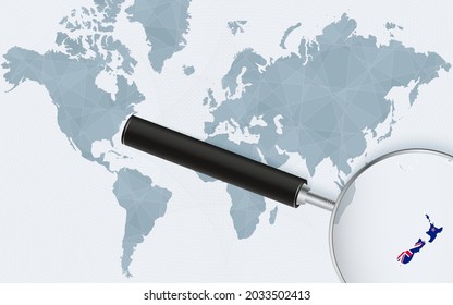 World map with a magnifying glass pointing at New Zealand. Map of New Zealand with the flag in the loop. Vector illustration.