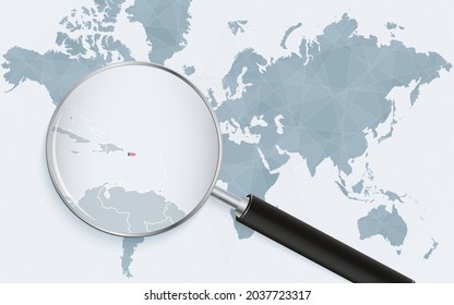 World map with a magnifying glass pointing at Puerto Rico. Map of Puerto Rico with the flag in the loop. Vector illustration.