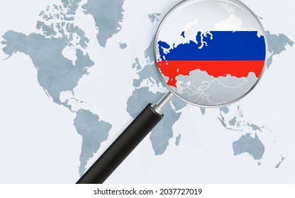 Mapa mundial con una lupa apuntando a Rusia. Mapa de Rusia con la bandera en el círculo. Ilustración vectorial.