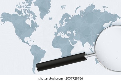 World map with a magnifying glass pointing at Tuvalu. Map of Tuvalu with the flag in the loop. Vector illustration.