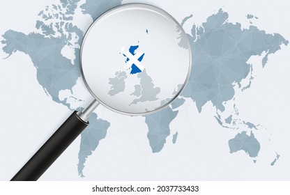 World map with a magnifying glass pointing at Scotland. Map of Scotland with the flag in the loop. Vector illustration.