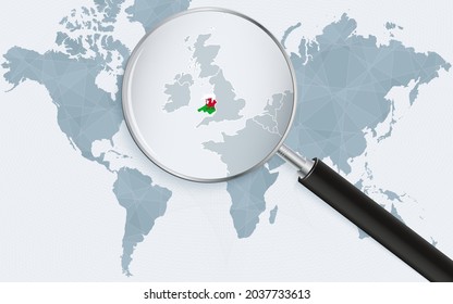 World map with a magnifying glass pointing at Wales. Map of Wales with the flag in the loop. Vector illustration.