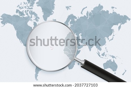 World map with a magnifying glass pointing at Cape Verde. Map of Cape Verde with the flag in the loop. Vector illustration.