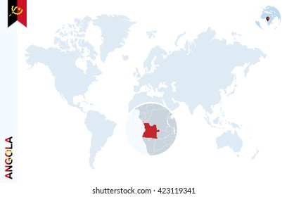 World map with magnifying on Angola. Blue earth globe with Angola flag pin. Zoom on map. Vector Illustration