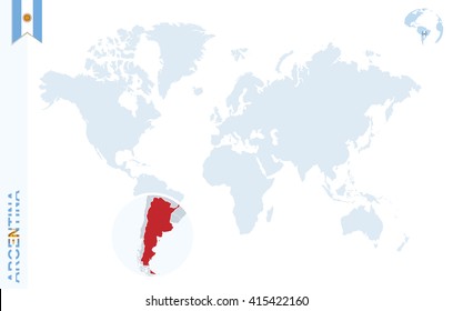 World map with magnifying on Argentina. Blue earth globe with Argentina flag pin. Zoom on Argentina map. Vector Illustration