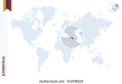 World map with magnifying on Armenia. Blue earth globe with Armenia flag pin. Zoom on Armenia map. Vector Illustration